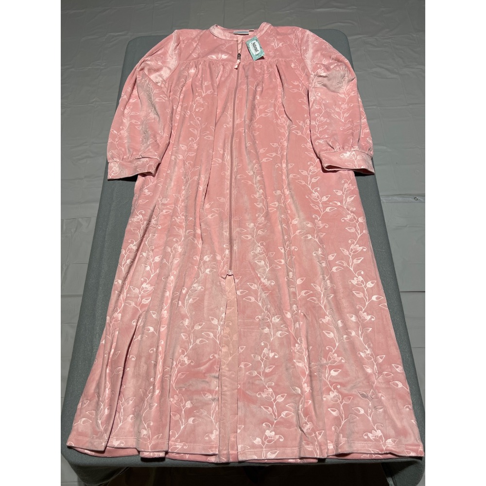 National Pink Velour Zip Front Robe Floral Embossed Long Sleeve Housecoat 1X NWT